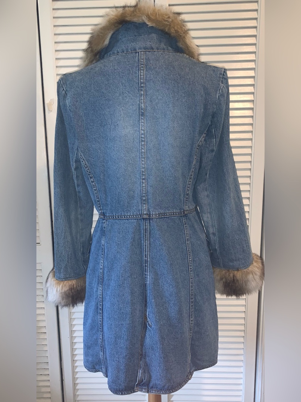 OTB Vintage Y2K Denim Penny Lane Trench Coat Faux Fur Trim Boho Afghan Jacket L - Picture 8 of 13
